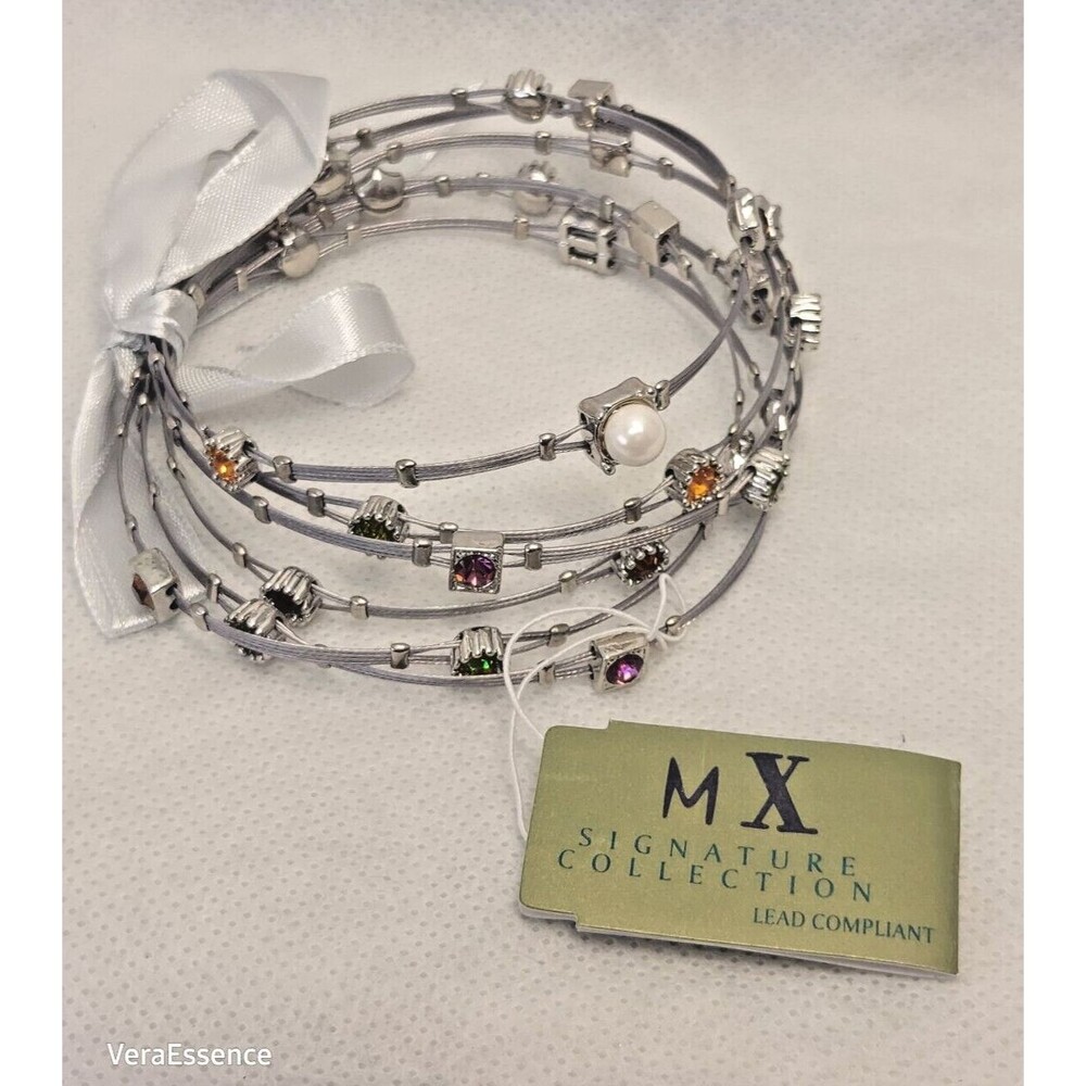 MX Signature Collection 6 Silver Metal Wire Bracelets Rhinestones Pearls NWT